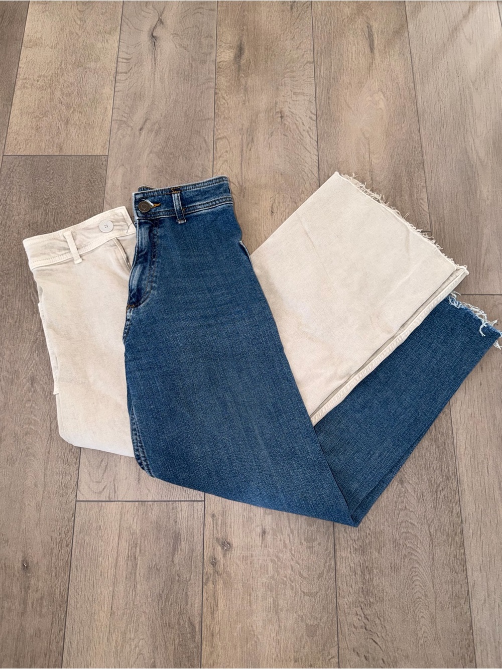 Zara Two-Tone Straight Leg Jeans in Blue and Cream